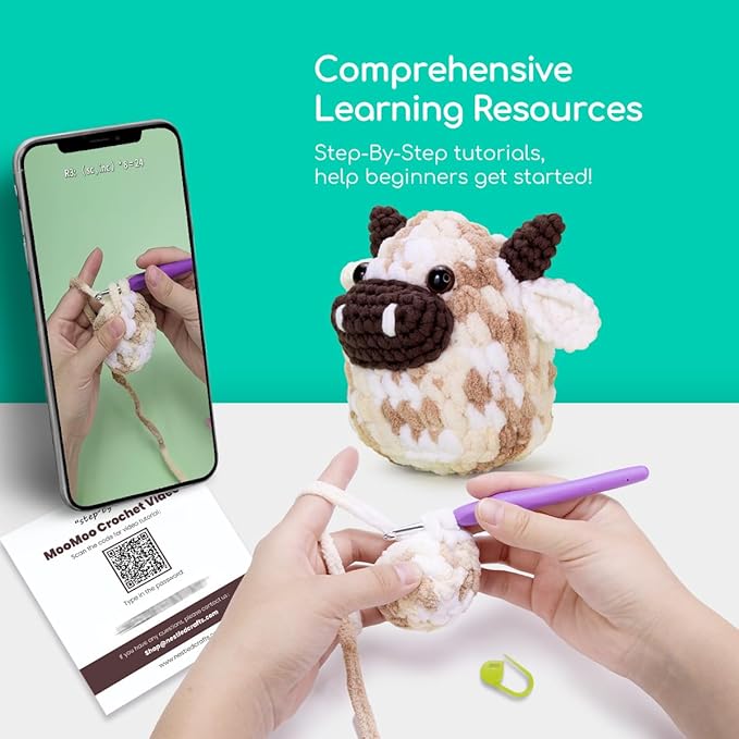 NestledCrafts Crochet Kit for Beginners, Animals Amigurumi Crochet Starter Kit with Step-by-Step Video Tutorial, Easy Knitting Set for Kids Adults, Lovely Cow - MooMoo