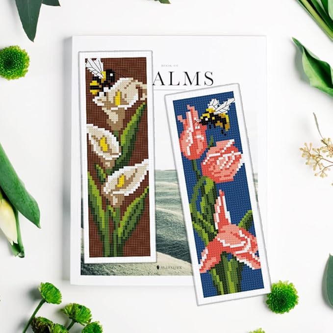 INFUNLY 6pcs DIY Tulips Cross Stitch Bookmark Kits for Adults Beginner 2.99''×8.54'' Calla Stamped Embroidery Bookmark Kit with Instruction Daisy Freesia Embroidery Bookmark Set for Book Lovers