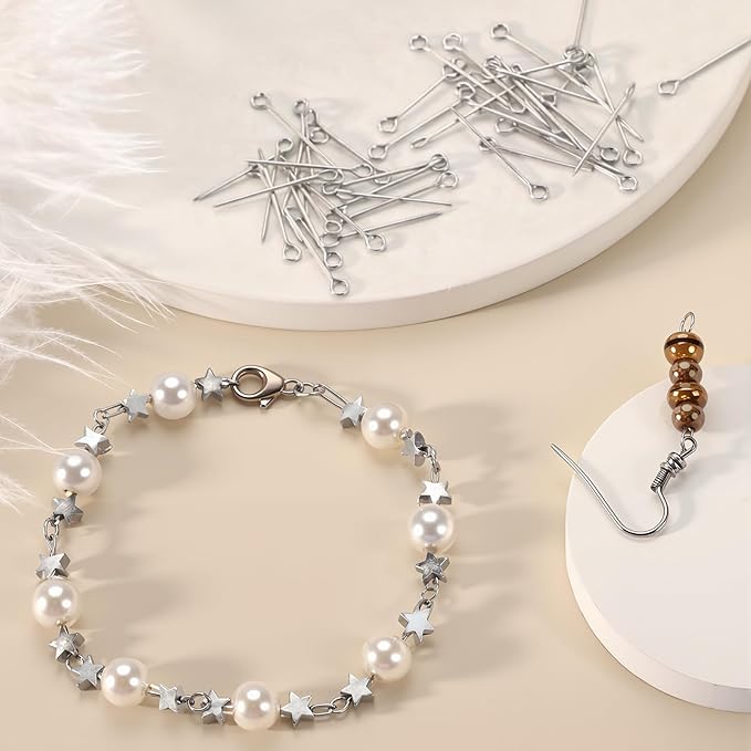 Junkin 1400 Pcs Eye Pins Mix Jewelry Findings 0.63 * 0.79 * 1.18 in Open Eye Head Pins Findings for Jewelry Making DIY Necklace Bracelets (Silver)