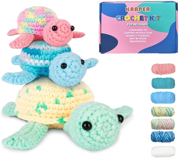 Kaaper Crochet Kit for Beginners Adults and Kids, Beginner Crochet Animal Kit Turtles Family Kit 3 pcs, Crochet Starter Kit & Knitting Supplies with Step-by-Step Video (Turtles Family)