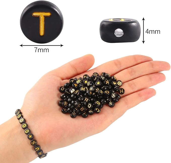 Yochus 1000pcs Black Round Acrylic Alphabet Beads 4x7mm Gold Letter A-Z Beads for Jewelry Making and DIY Bracelets, Necklaces, Key Chains