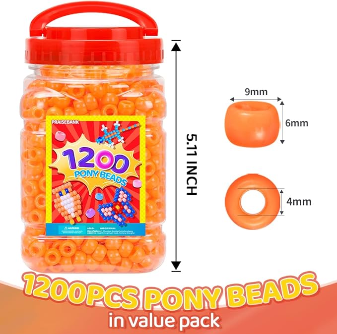 praisebank pony beads, 1200pcs 6x9mm, wholesale beads, bracelets jewelry making, arts & crafts(orange)