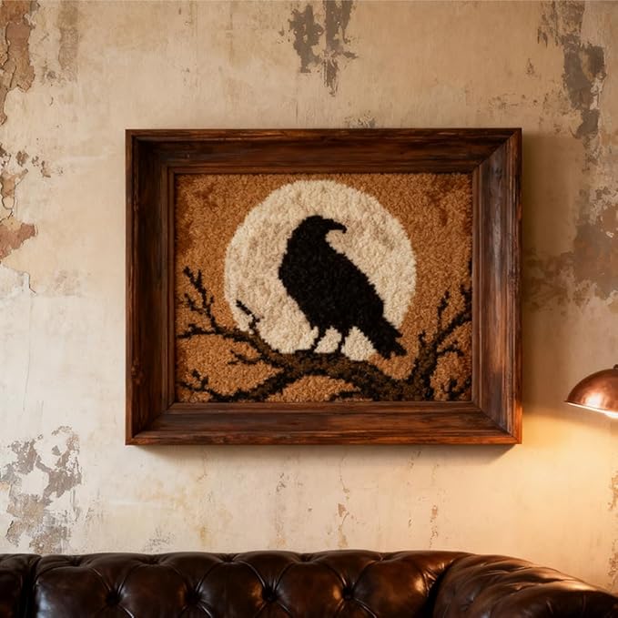 ORIGACH Black Raven & Moon Latch Hook Rug Kit for Adults Printed Rug Making Kit Handmade Carpet Tapestry Cover with Hook Latch and Preprinted Canvas, Home Arts Crafts Sofa Decor, 20.5x15inch