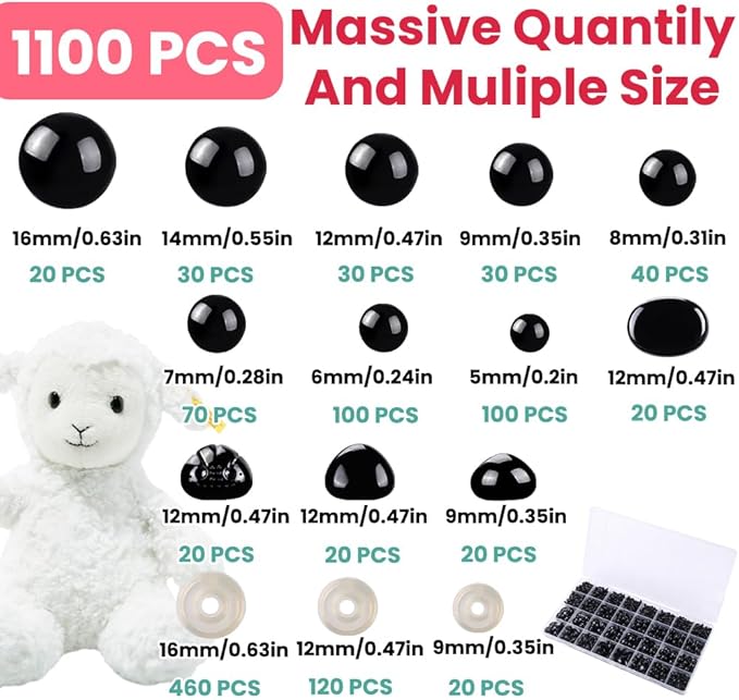 YUJUN 1100PCS Safety Eyes Noses for Crochet 5-16mm Black Plastic Safety Eyes with Washers Craft Doll Eyes Stuffed Animals Amigurumi Craft Doll DIY Accessories Making Teddy Bear