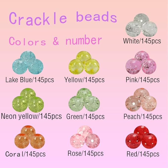 1450pcs Crackle Glass Beads Handcrafted Round Lampwork Smooth Loose Beads for Bracelet & DIY Jewelry Making 6mm Mixed