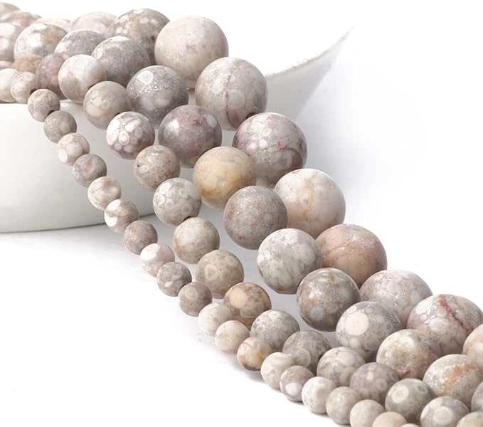 Stone Beads, 45pcs Matte Flowery Cowry Fossil, 8mm Round Loose Beads for Jewelry Making, Bracelets, with Bag, String & Card