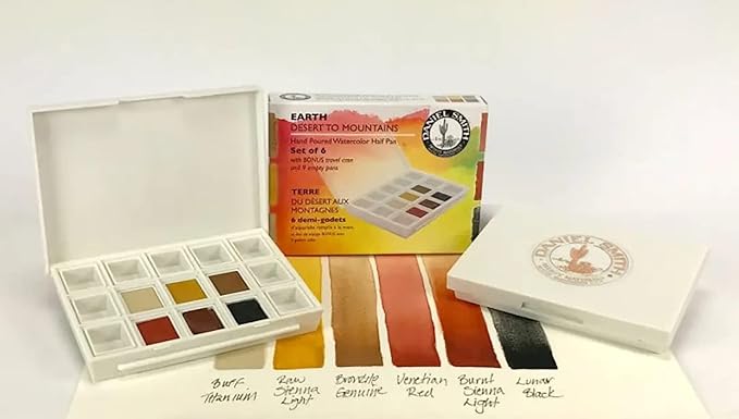 Daniel Smith Hand Poured Watercolor, Half Pans, Earth Set with 6 Watercolor Half Pans, 9 Empty Half Pans, 1 Plastic Travel Case (Total 16 Pieces) 285650002