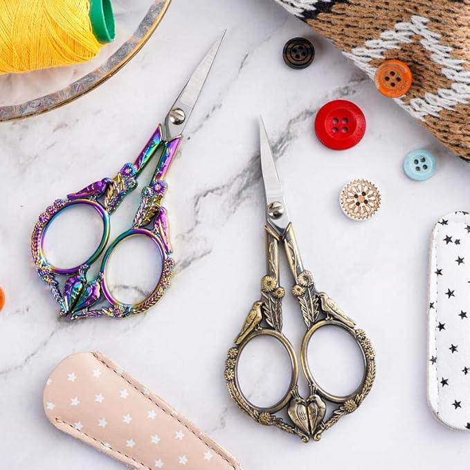 Crochet Scissors with Cover – Antique Bronze Vintage Small Embroidery Scissors, Sharp Bird Craft Scissors for Yarn Thread Sewing Needlework, Pretty Gift for Crocheter Quilter, 4.6 Inch