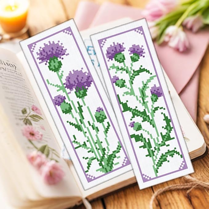 ORIGACH 6 Set Cirsium Cross Stitch Bookmark Kit for Beginners Include Cotton Thread, Aida Cloth, Backing Felt and English Instructions, Embroidery Bookmark Kit for Book Lovers
