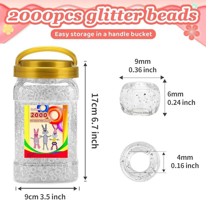 iooleem pony beads(2000pcs clear glitter pony beads), beads for bracelets making, beads for crafts, beading supplies, friendship bracelets making.