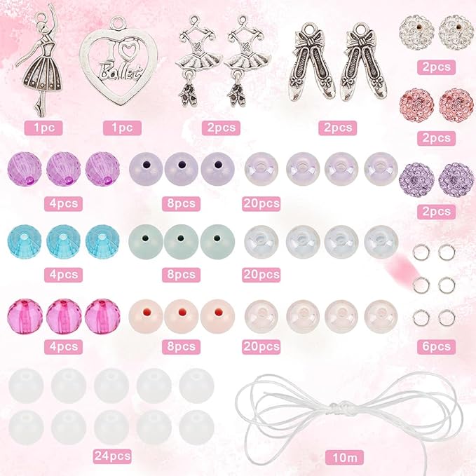 SUNNYCLUE 1 Box 6 Set Ballet Bracelet Making Kit Adjustable Bracelets Dancer Ballerina Charms Acrylic Transprent Rhinestone Beads for Jewellery Making Kits Beginner Adult Women Holiday Supplies