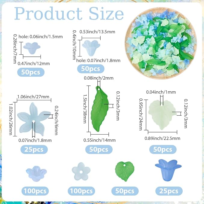 500Pcs Acrylic DIY Flower Leaf Beads Kits Including Assorted Blue Flower Loose Beads Maple Leaf Pendants Charms Acrylic Floral Caps for Earring Bracelet Necklace Craft Jewelry Making