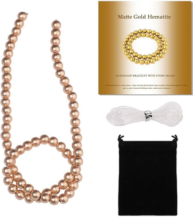 Stone Beads, 60pcs Matte Gold Hematite, 6mm Round Loose Beads for Jewelry Making, Bracelets, with Bag, String & Card