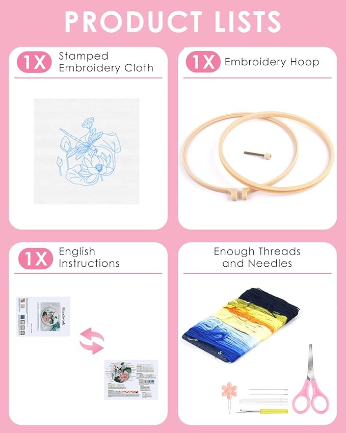 TINDTOP Embroidery Kit for Beginners Adult, Dragonfly Embroidery Kit for Beginners Include Embroidery Cloth Hoops Threads for Craft Lover Hand Stitch with Embroidery Skill Techniques (Dragonfly)