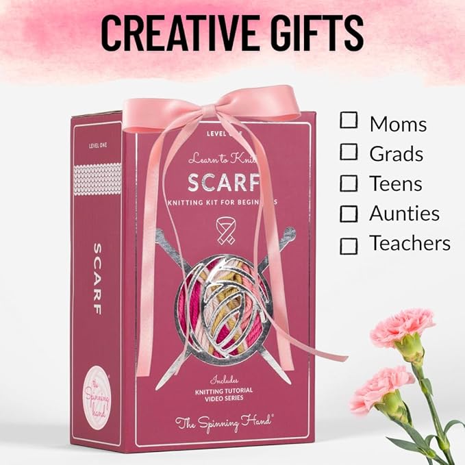 The Spinning Hand Knitting Kit for Beginners Adults – Learn to Knit Scarf Kit with Yarn, Needles & Step-by-Step Video Tutorials – Complete Starter Set (Dragonfruit)