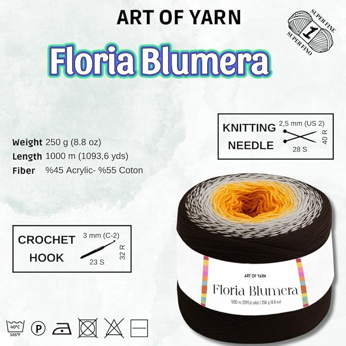 Floria Blumera Yarn 55% Cotton 45% Acrylic 1093.6 Yards Multicolor Gradient Yarn Cake for Knitting Crochet Spring Summer Ombre Rainbow Cotton Yarn for Flowers S.Fine 1 Sport-99259