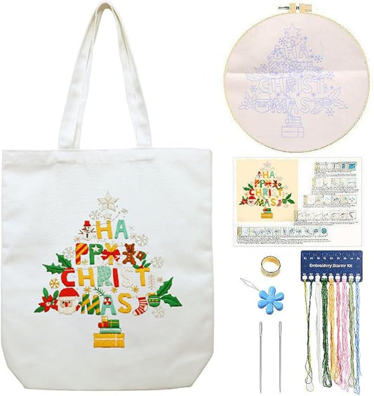 Canvas Tote Bag Embroidery Kit with Pattern for Beginners, Arts and DIY Embroidery Crafts Kits for Adults, Instructions, Thimble, Embroidery Hoops, Color Threads (Beige, CR002 Christmas Tree)