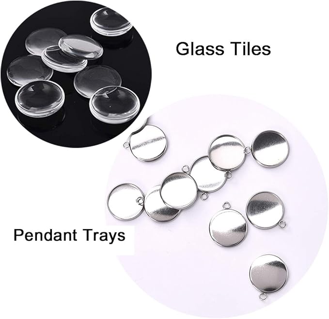 DROLE 100Pcs Bezel Pendant Blanks Kit-50Pcs Stainless Steel Pendant Trays Round Bezel with 50Pcs Glass Cabochons Clear Dome,18mm Pendant Blanks for Photo Pendant Craft Jewelry Making
