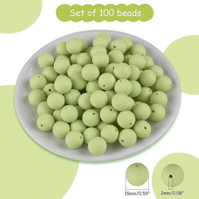 ASTARON 100 Pcs 15mm Silicone Beads for Keychain Making, Matcha Green Round Rubber Beads Bulk for Bracelets Beadable Pens Decorations Crafts Supplies