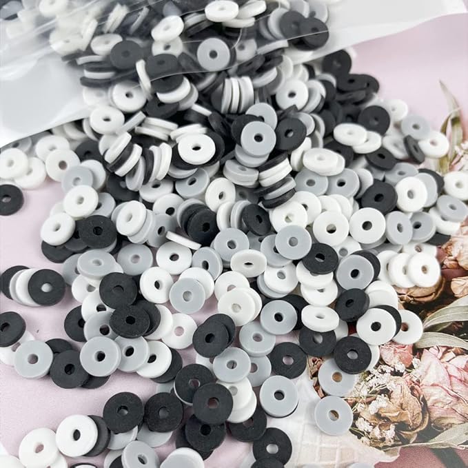 2000pcs Heishi Vinyl Beads Flat Round Polymer Clay Spacer Beads for Making Bracelet Necklace Earring Accessories DIY Handmade Craft(White/Black/Gray, 6mm)