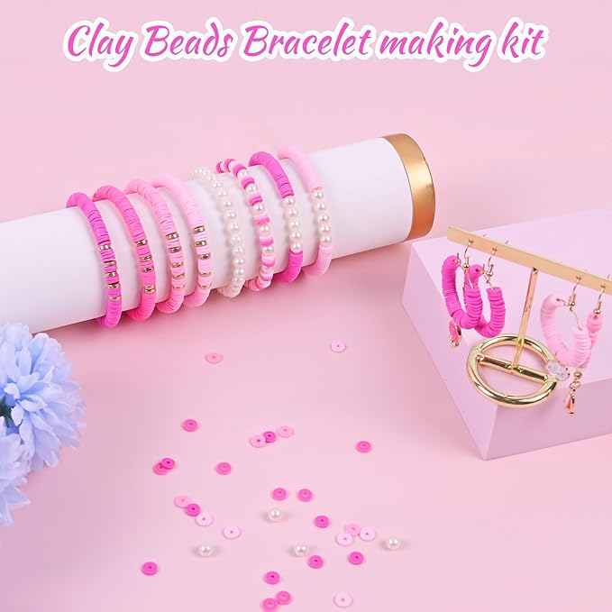 Wuollgess 3500PCS Pink Clay Beads for Bracelet Making Kit, Heishi Beads for Jewelry Making, Friendship Bracelet Kit, Spacer Beads for Adult Necklace Earring DIY