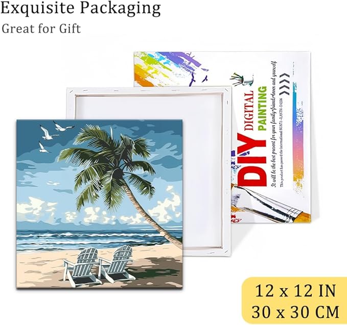 Natuyalo Framed Paint by Numbers for Adults Beginner, Beach Chair Acrylic Easy Paint by Numbers Kits with Frame Seascape Art Craft Kits for Adults Suitable for Wall Decoration 12x12 Inch