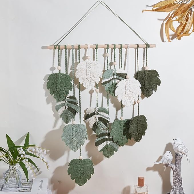 FREEBLOSS DIY Macrame Leaf Wall Hanging Beginners Macrame Kit Leaf Woven Tapestry Feather Wall Hanging 4 Green Colors Cotton Cord DIY Hanging Ornament Kit for Adults Birthday Gift