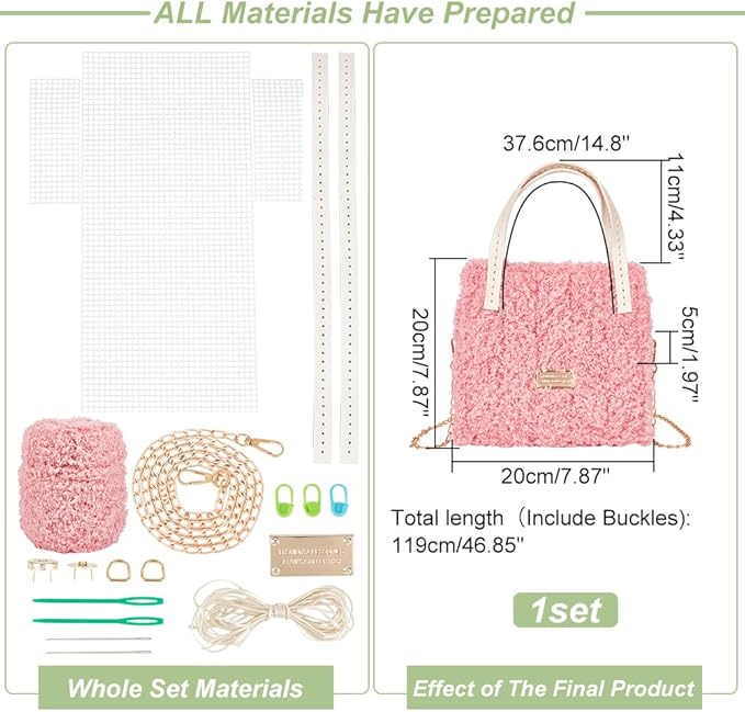 WADORN DIY Knitting Crochet Bag Making Kit, Handmade Woven Tote Bag Making Materials Set Women Shoulder Bag Making Accessories Hand Crafting Yarn Weaving Kit Birthday Christmas Gift, Pink
