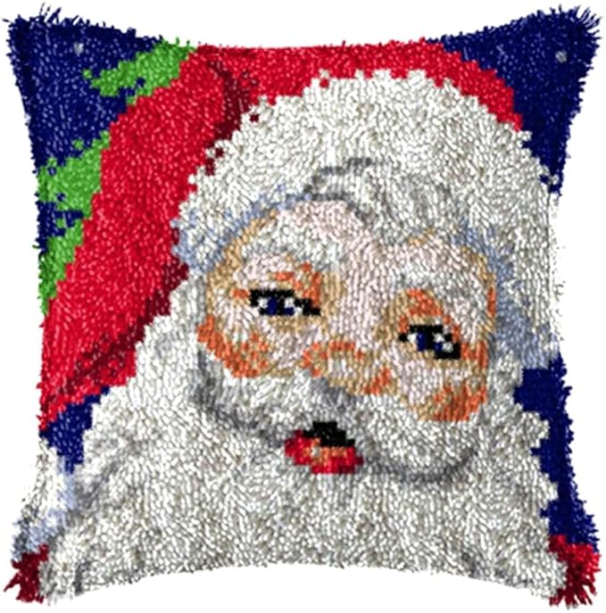 LAPATAIN Latch Hook Kits for DIY Throw Pillow Cover,Red Hat Santa Needlework Cushion Cover Hand Craft Crochet 17x17inch