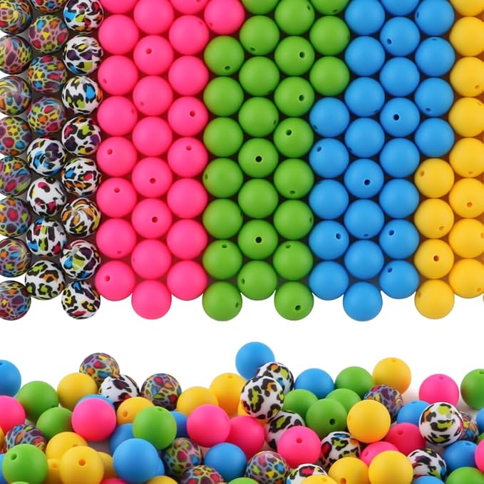 150Pcs Mixed Color 15mm Silicone Beads for Keychain Making, Pink Blue Leopard Print Silicone Beads for Pens and Bracelet Jewelry Making