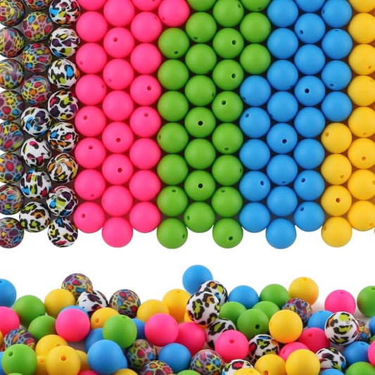 150Pcs Mixed Color 15mm Silicone Beads for Keychain Making, Pink Blue Leopard Print Silicone Beads for Pens and Bracelet Jewelry Making
