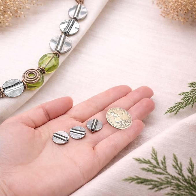 Tibetan Silver Smooth Spacer 52Pcs Flat Beads for Jewelry Making Supplies Adults Small Seed Bead for Necklace Earring Bracelet Making Kit Bulk 14mm
