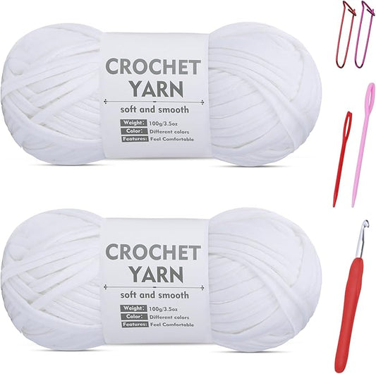 2 Pack T-Shirt Yarn Set, White Knitting Crochet T Shirt Yarn, Tshirt Yarn Kit for Crocheting, Ribbon Cotton Yarns, Knitting Yarns Ball