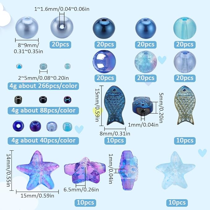 SUNNYCLUE 1 Box 540pcs Ocean Beads Kit Glass Summer Fish Starfish Charms Blue Hawaii Sea Animal Charm Glass Seed Beads for Jewelry Making Findings Kits DIY Bracelet Necklace Supplies