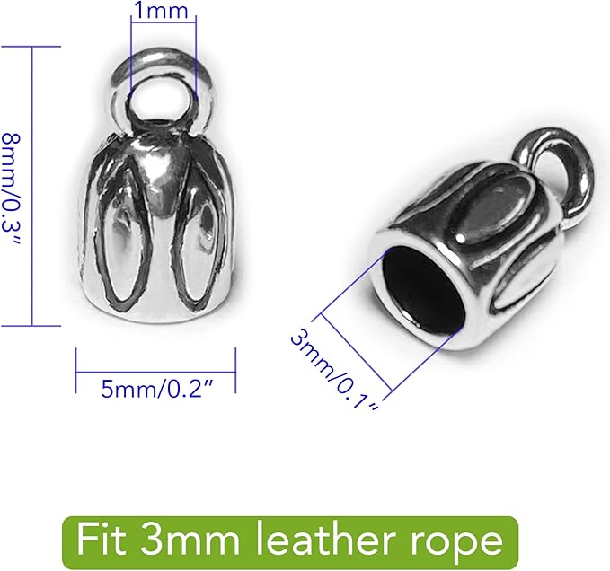 Barrel End Caps 110 pcs Antique Silver 3mm Leather Cord End Cap for Jewelry Making Small End Cap with Loop Finding Kit for Leather Tassels Bracelet DIY Craft Making Supplies