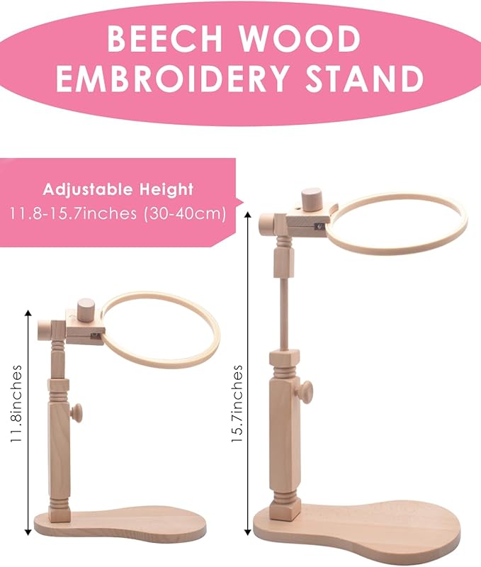 tindtop beech wood embroidery hoop stand, with 3pcs embroidery hoops (3inch + 6inch + 8inch), adjustable rotated wooden embroidery hoop holder for cross stitch and embroidery projects