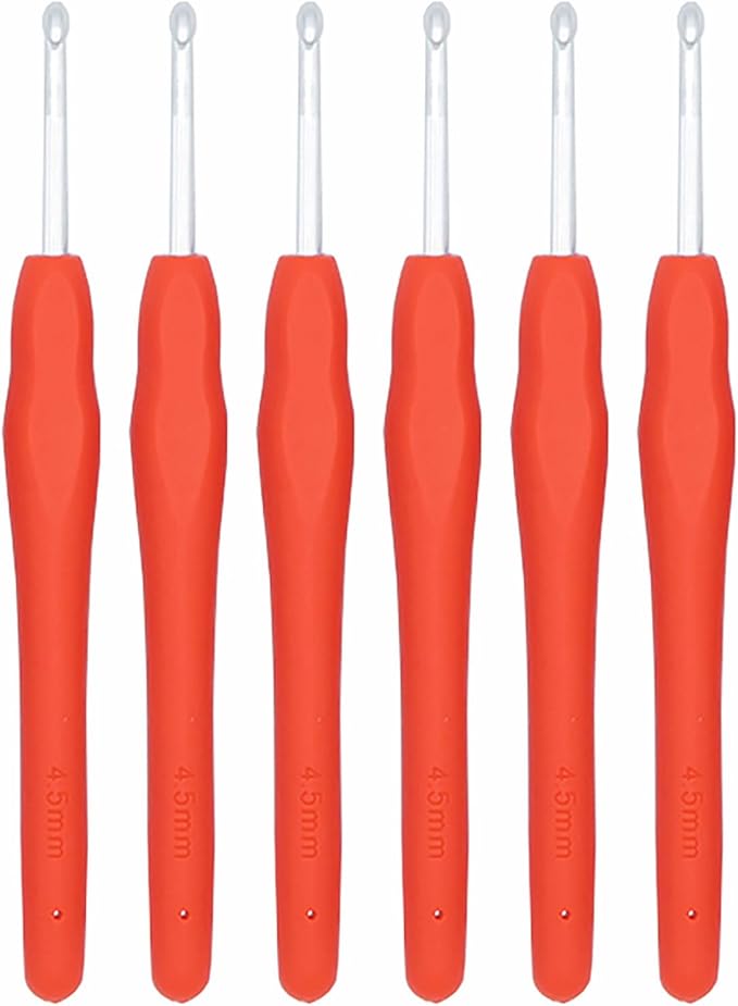 6Pcs 4.5mm Aluminum Soft Grip Rubber Ergonomic Handle Crochet Hook Knitting Needles US Size 7 for DIY Yarn Craft,Nice Gift for Women Adults Kids Children Beginners (Red)