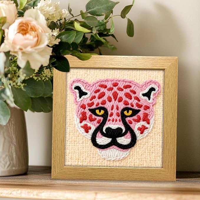 INFUNLY Punch Needle Frame Kits Pink Leopard Punch Needle Embroidery Set with Patterns 9.4x9.4 DIY Punch Needlework Kit for Beginners with Yarn Fabric Festival Gift Home Decor