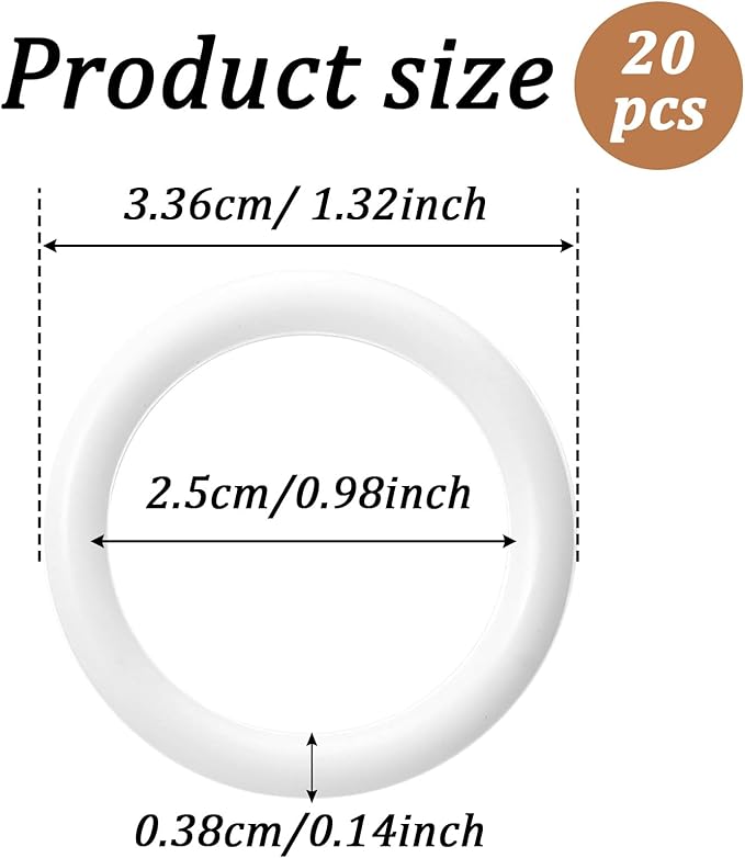 20 Pack Plastic Rings for Crafts, Plastic O Rings 1 Inch White Craft Ring, Crochet Hook Circle Ring for Handbag, Curtain, Craft Projects