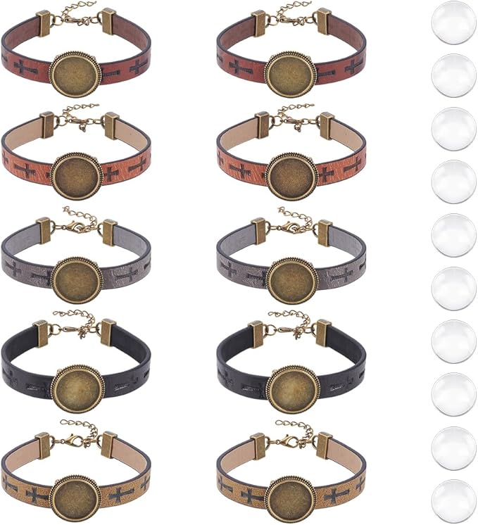 UNICRAFTALE 10Pcs 5 Colors Leather Bracelet Making Kit 18mm Tray Antique Bronze Adjustable Bracelet Hollow Cross PU Leather Bracelet with Flat Round Metal Tray Settings and Glass Cabochons for DIY
