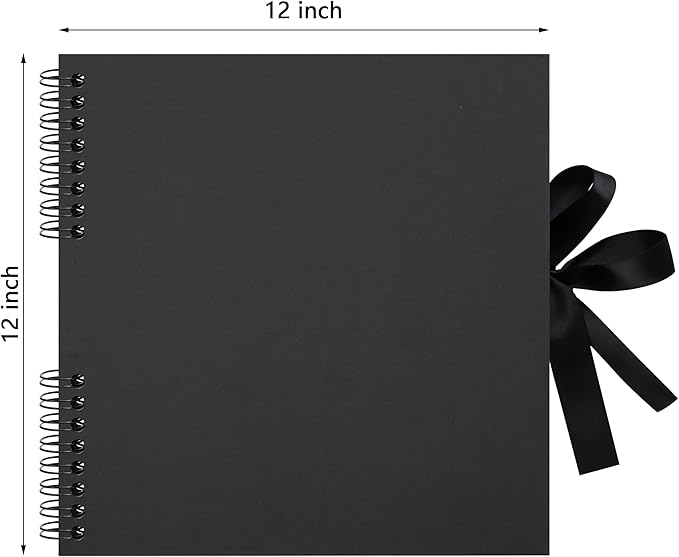 12x12 inch Scrapbook Photo Album DIY Picture Book 80 Pages, Thick Kraft Paper Scrap Book Album with Silk Ribbon Wedding Guest Book Memory Book for Baby, Family, Travel (Black)