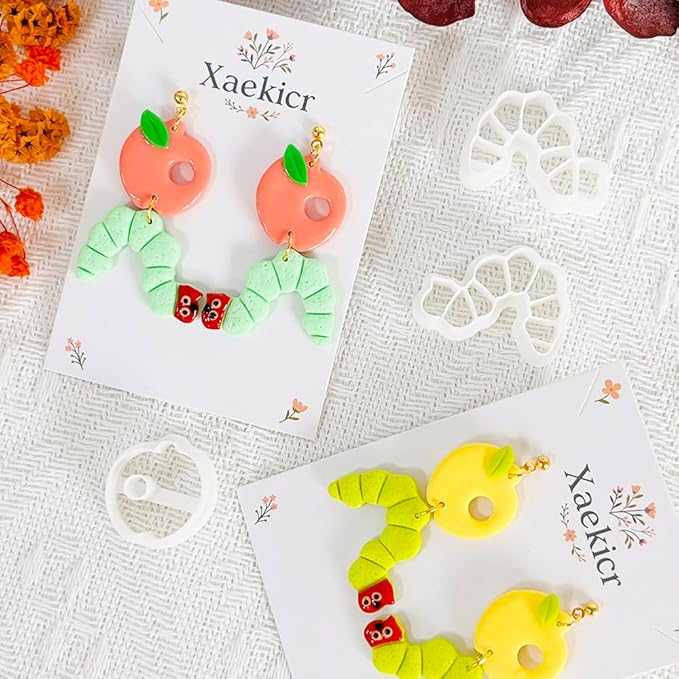 Xaekicr Whimsical Worm and Apple Polymer Clay Cutters – 3PCS Clay Earring Cutters Set for DIY Fruit Insect Jewelry Making – Clay Tools and Polymer Clay Molds
