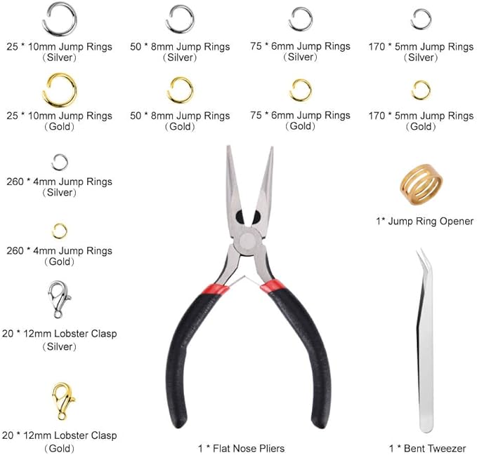 Paxcoo 1200Pcs Open Jump Rings and Lobster Clasps Jewelry Findings Kit with Pliers for Jewelry Making (Silver and Gold)