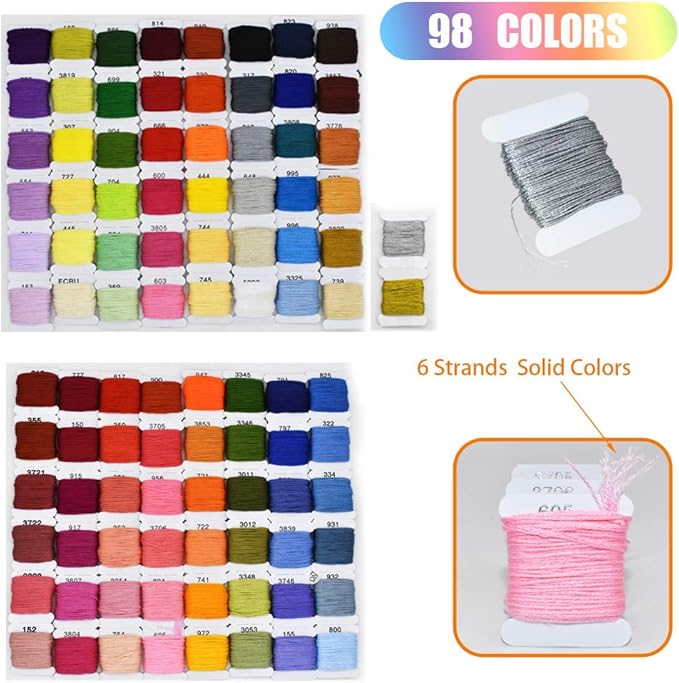 98 Color Embroidery Floss Cross Stitch Cotton Threads Bracelet String with Organizer Storage Cross Stitch Tools Embroidery Kit for Beginners Cross Stitch/Friendship Bracelets/Tassels/Crafts