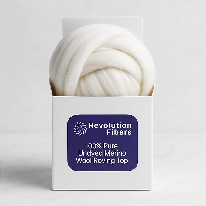 Revolution Fibers Merino Wool Roving 1 lb (16 Ounces) for Spinning | Soft Chunky Jumbo Yarn for Arm Knitting Blanket |100% Natural Undyed (Off-White) Wool Yarn, Felting Core, Carded Stuffing