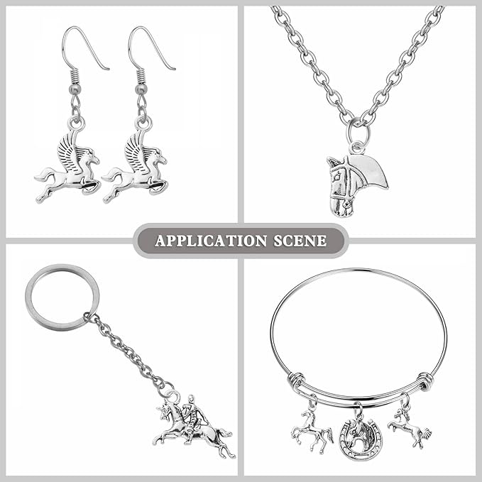 DanLingJewelry 100Pcs 10 Styles Antique Silver Horse & Horseshoe Animal Charms for DIY Jewelry Making