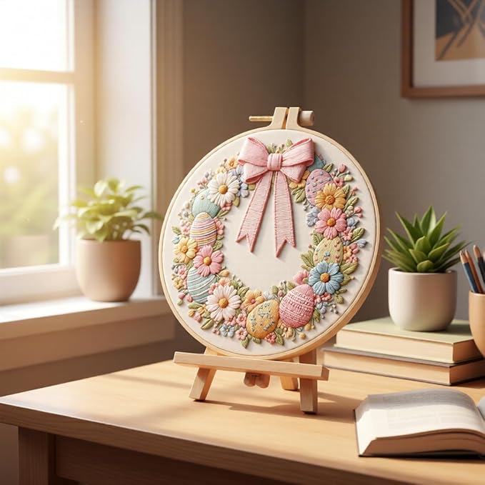 JJFox Embroidery Kit for Beginners and Adults, DIY Hand Embroidery Starter Kit with Cute Pattern, Cross Stitch Needlepoint Set with Hoop, Threads and Instructions (Easter Wreath)