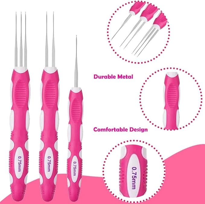 Yarniss Dreadlocks Crochet Hooks with Ergonomic Handle, Braid Hair Locking Tool, 3pcs Dreadlock Crochet Needle 0.75mm