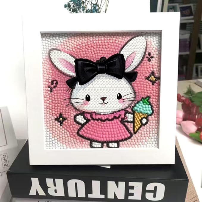 PERFECTSIGHT Cute 5D Diamond Art Kits with Wooden Frame, Kawaii DIY Painting Art for Adults Teen, Diamond Arts and Crafts Sets, Big Gem Full Drill Diamond Dots for Women Beginners (Cake Rabbit)