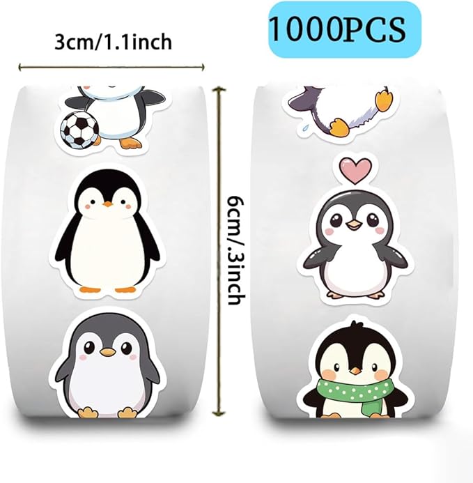 1000 pcs penguin stickers roll, 2 rolls 10 styles cute cartoon animal stickers for kids, teachers, school rewards, scrapbook, envelope seals, party favors, gift decorations